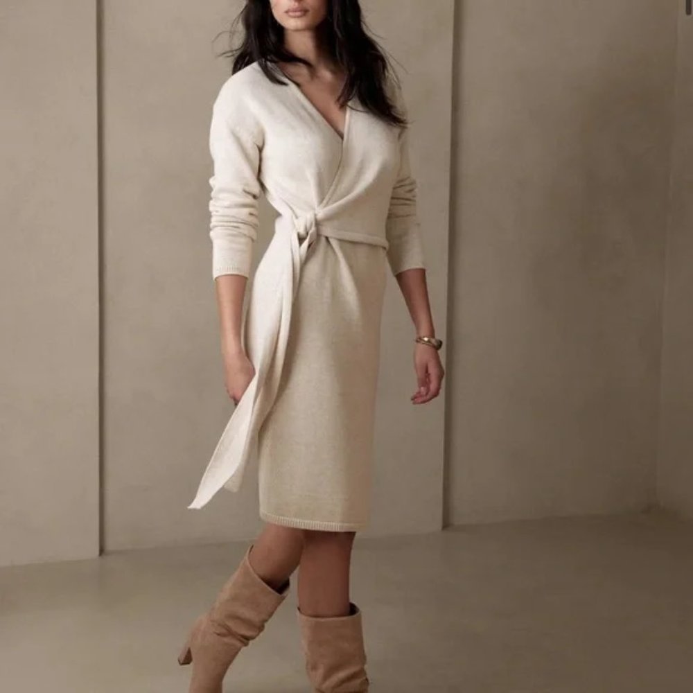 Banana Republic Wrap Sweater Dress in Cream